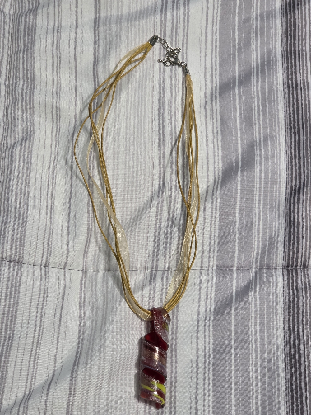 Vintage Art Glass Swirl Ribbon Pendant Necklace Multi-Strand Cord Gold Red Yello